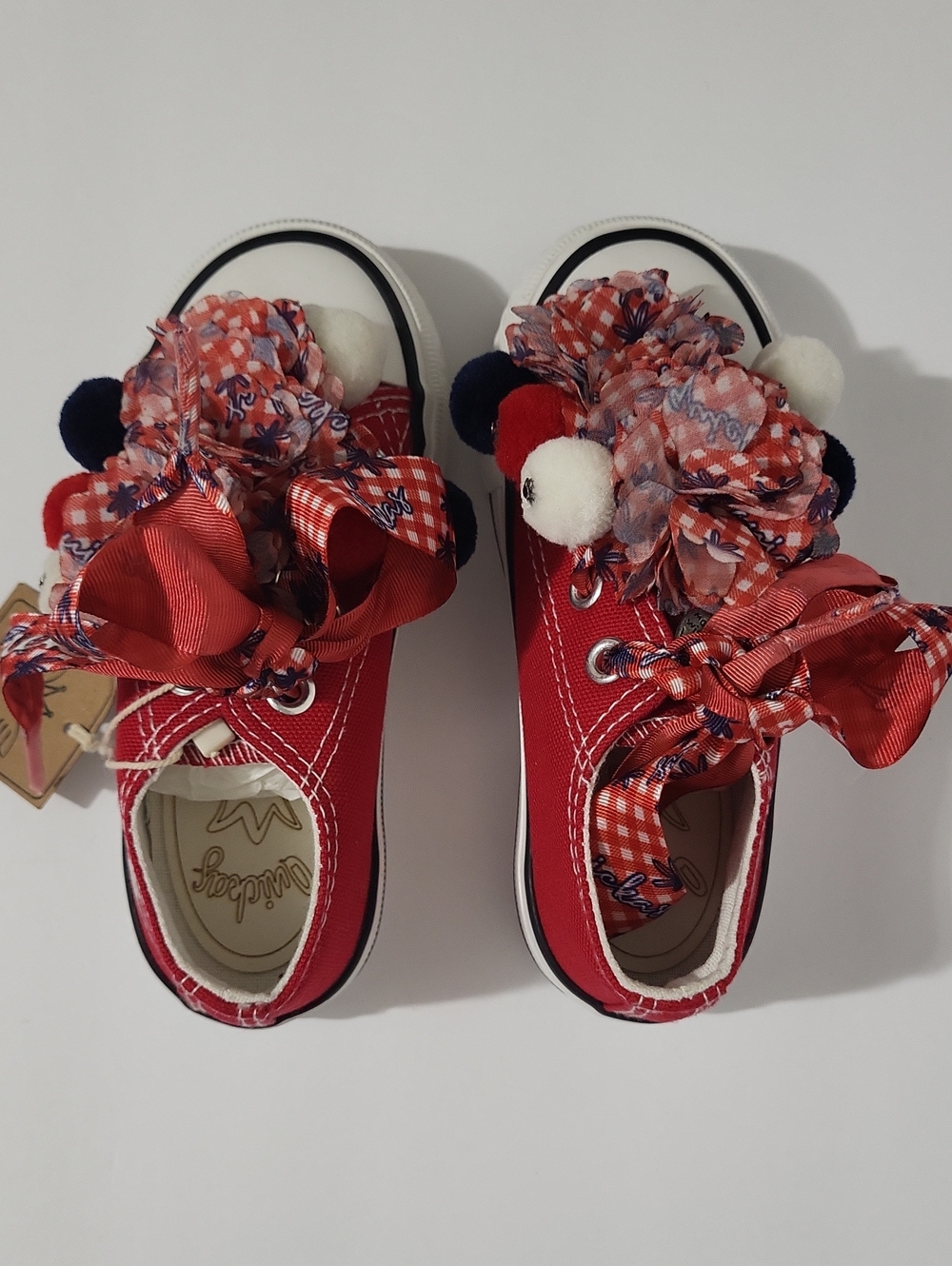 Red Kids' Casual Sneakers with Floral Pom Accents
